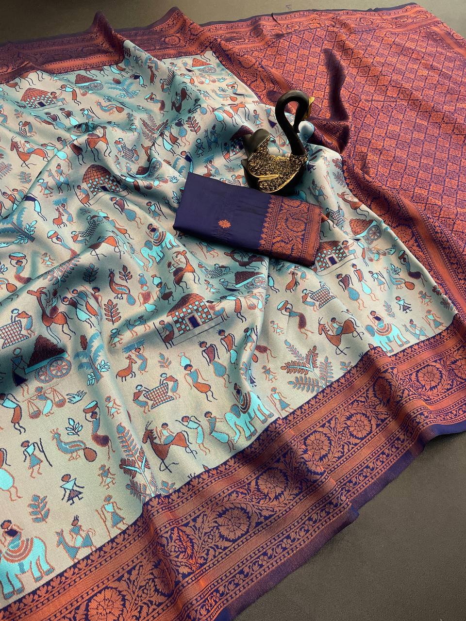 Prodigal Sky Soft Banarasi Tissue Silk Saree With Flamboyant Blouse Piece - Image 2