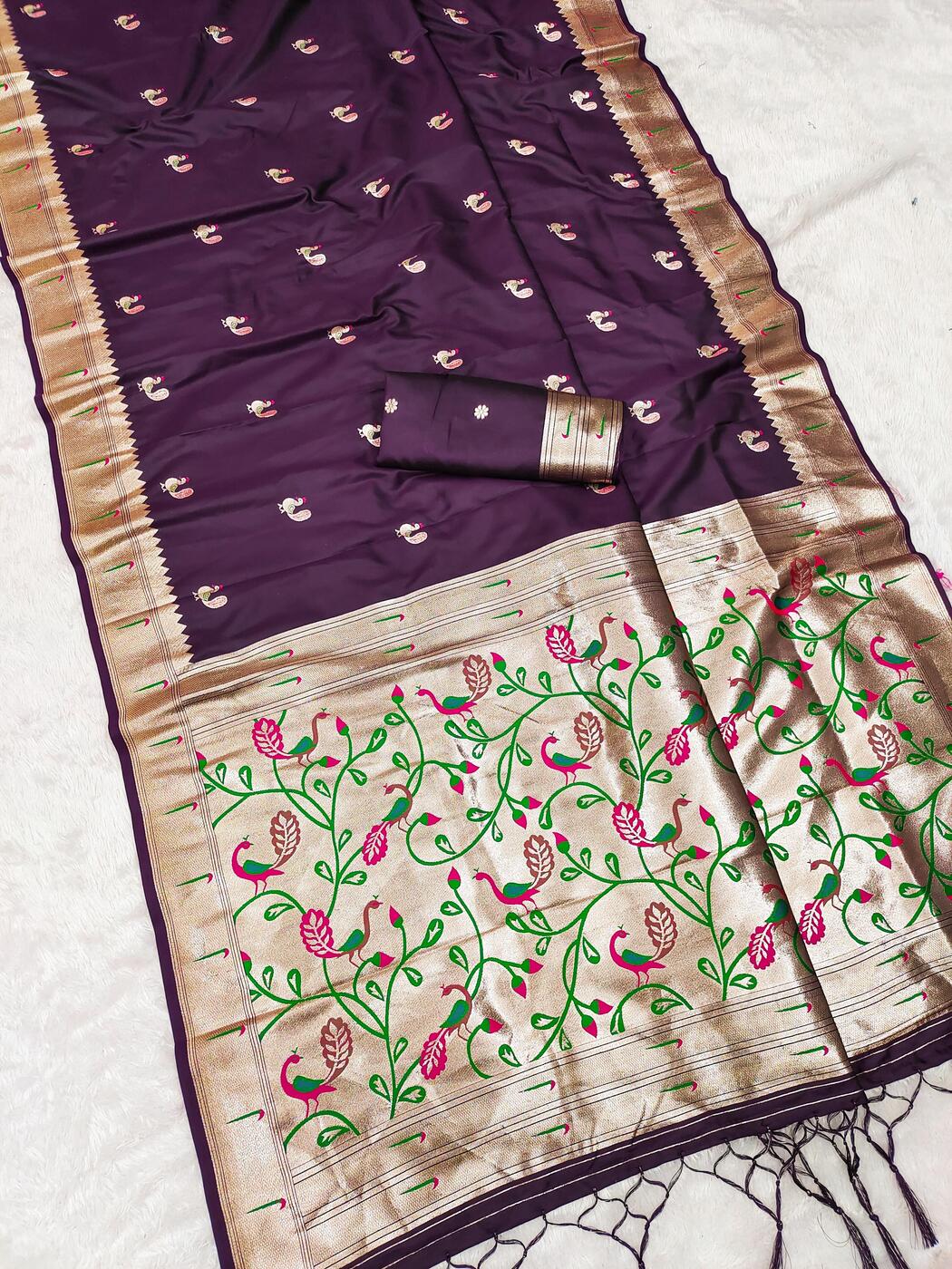 Prodigal Wine Paithani Silk Saree With Angelic Blouse Piece