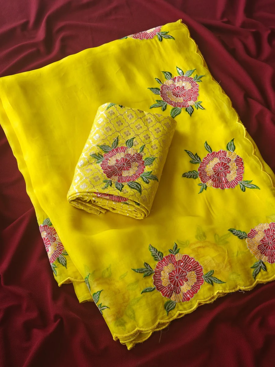 Prodigal Yellow Embroidery Work Organza Silk Saree With Eloquence Blouse Piece - Image 3