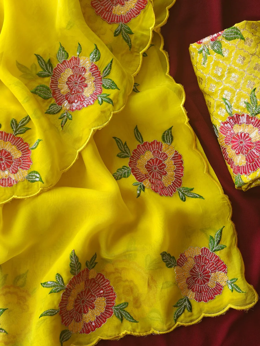 Prodigal Yellow Embroidery Work Organza Silk Saree With Eloquence Blouse Piece - Image 5