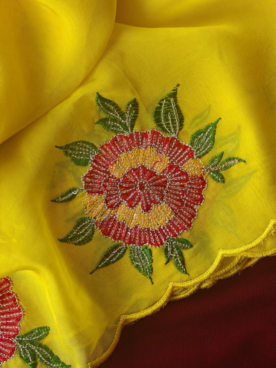 Prodigal Yellow Embroidery Work Organza Silk Saree With Eloquence Blouse Piece - Image 6