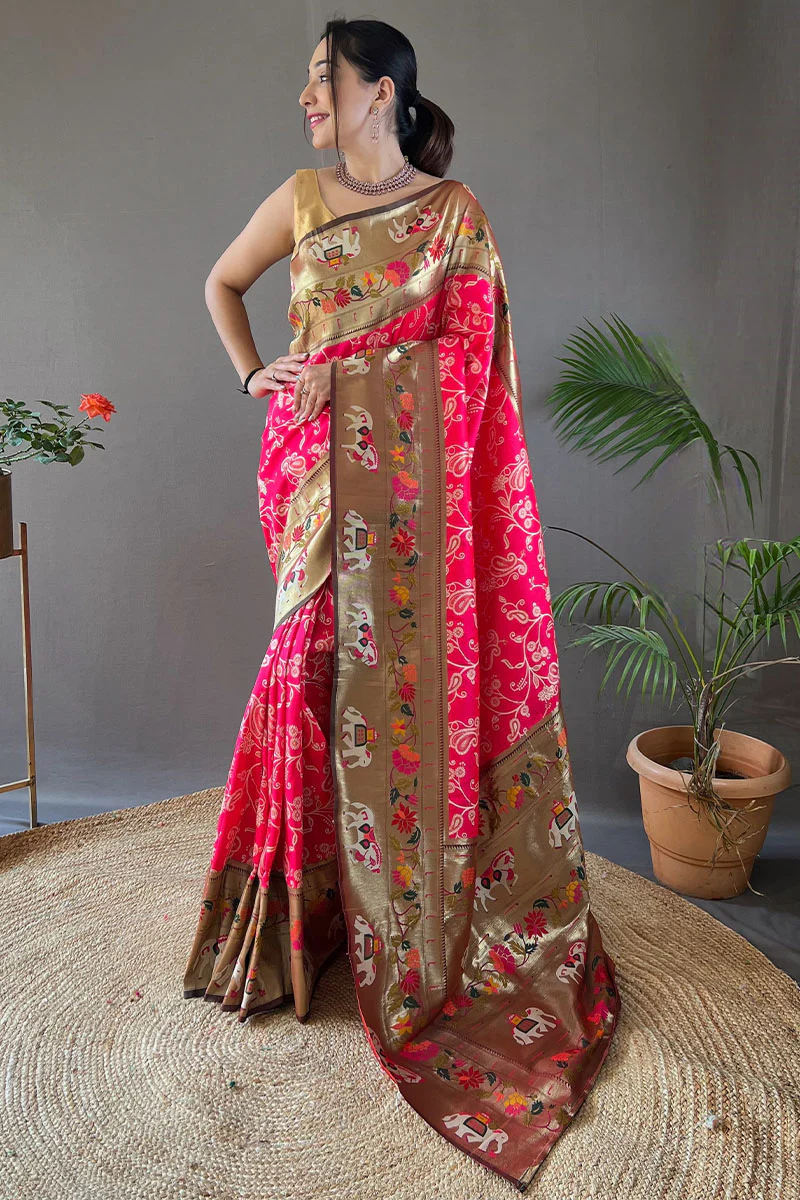 Proficient Dark Pink Paithani Silk Saree With Exuberant Blouse Piece - Image 3