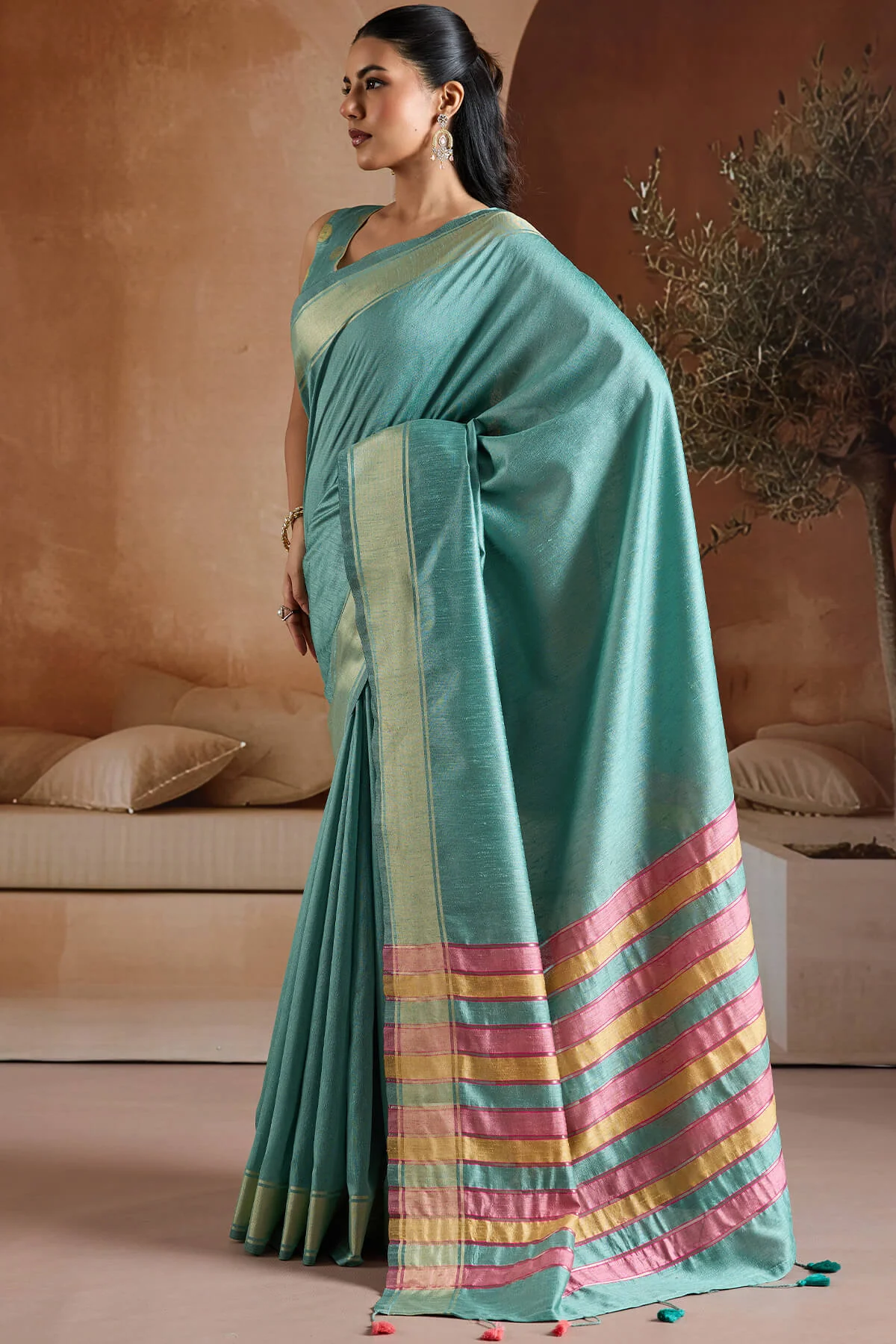Proficient Firozi Soft Banarasi Bhagalpuri Silk Saree With Woebegone Blouse Piece - Image 4