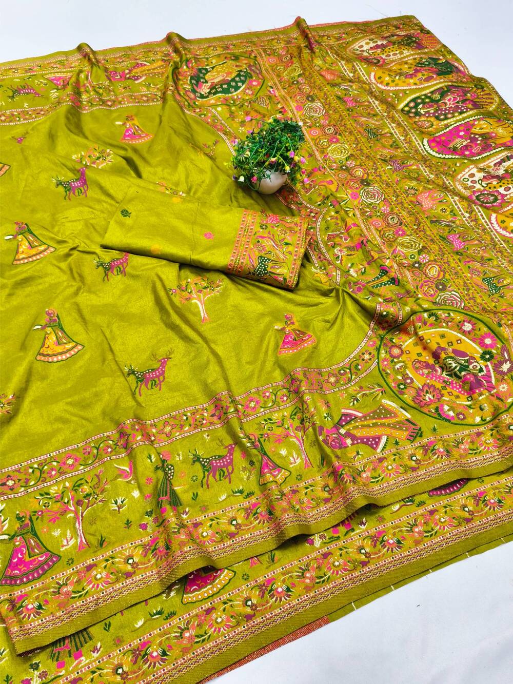 Proficient Mehndi Nylon Dola Pashmina Saree With Rhapsody Blouse Piece - Image 2