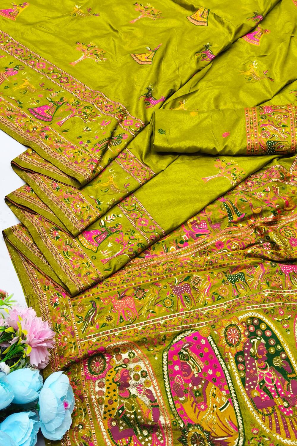 Proficient Mehndi Nylon Dola Pashmina Saree With Rhapsody Blouse Piece - Image 3