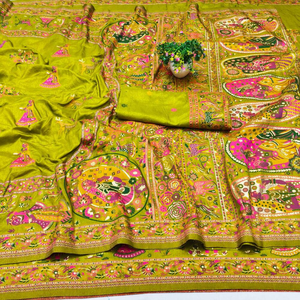 Proficient Mehndi Nylon Dola Pashmina Saree With Rhapsody Blouse Piece - Image 4