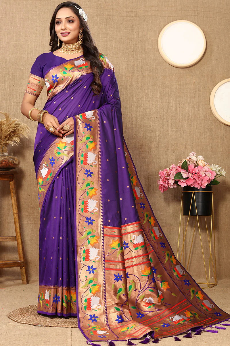 Proficient Royal Purple Paithani Silk Saree With Enchanting Blouse Piece - Image 3