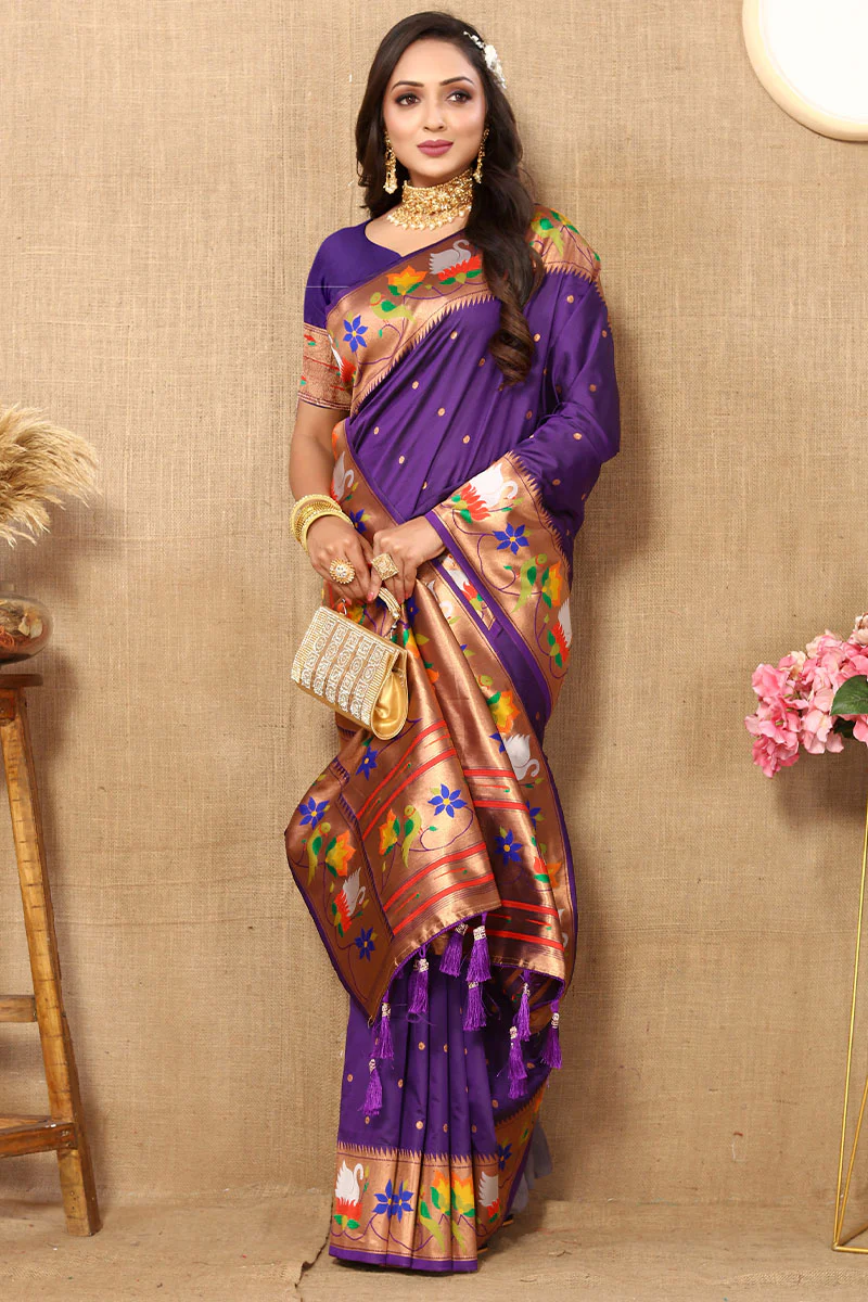 Proficient Royal Purple Paithani Silk Saree With Enchanting Blouse Piece - Image 4