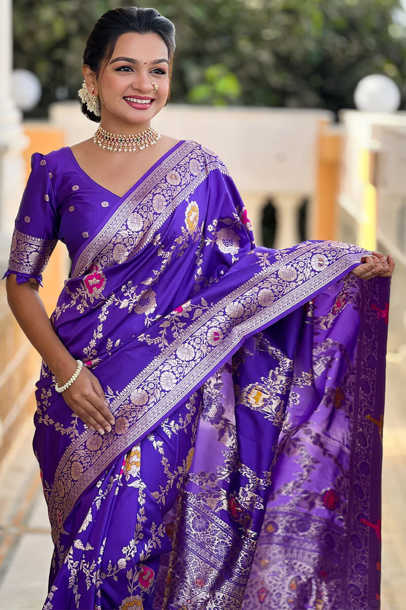 Proficient Royal Purple Soft Banarasi Silk Saree With Enigmatic Blouse Piece - Image 4