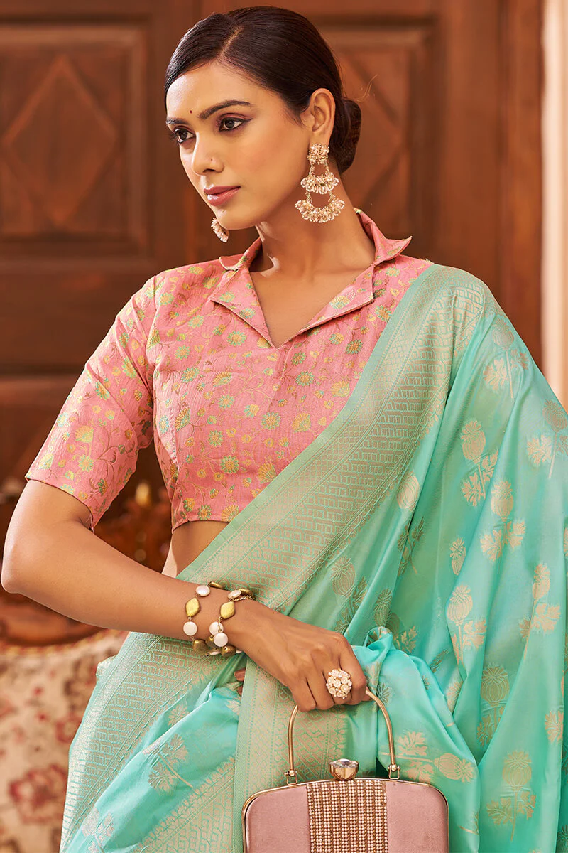 Proficient Turquoise Banarasi Satin Silk Saree With Palimpsest Blouse - Image 2