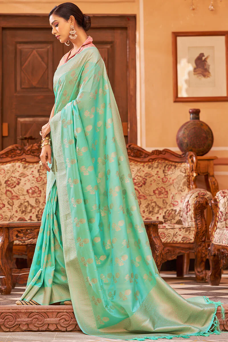 Proficient Turquoise Banarasi Satin Silk Saree With Palimpsest Blouse - Image 5