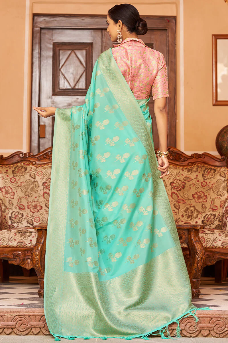 Proficient Turquoise Banarasi Satin Silk Saree With Palimpsest Blouse - Image 6