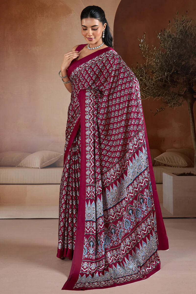 Proficient Wine Ajrakh Printed Satin Silk Saree With Stunner Blouse Piece - Image 3