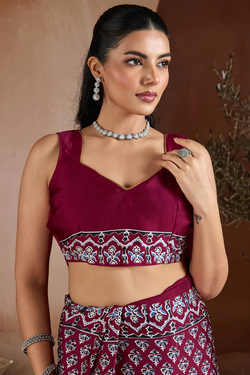 Proficient Wine Ajrakh Printed Satin Silk Saree With Stunner Blouse Piece - Image 4