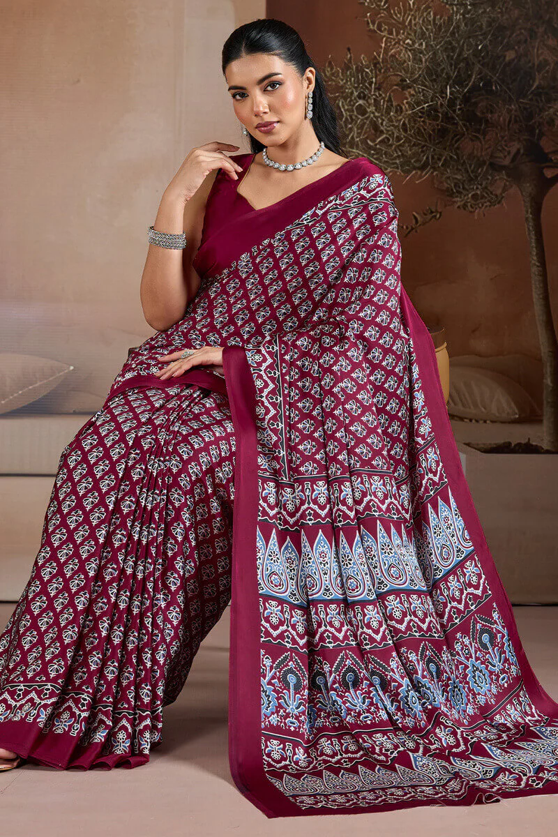 Proficient Wine Ajrakh Printed Satin Silk Saree With Stunner Blouse Piece - Image 5