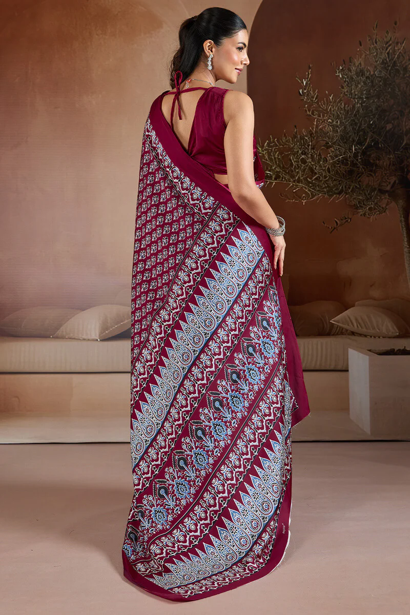 Proficient Wine Ajrakh Printed Satin Silk Saree With Stunner Blouse Piece - Image 6