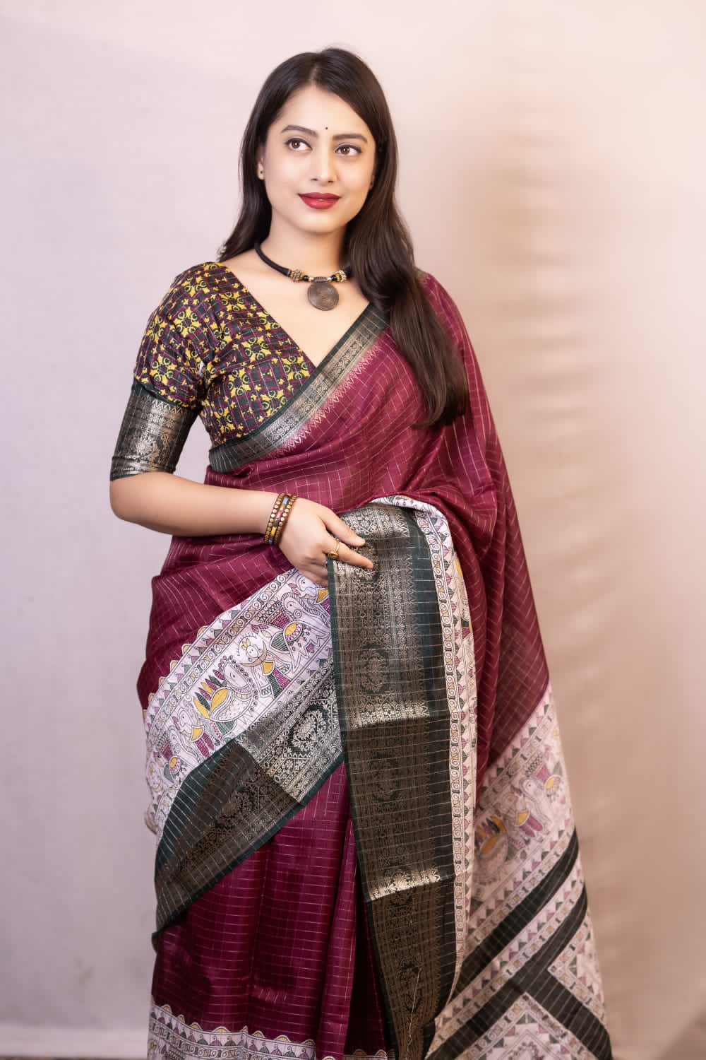 Proficient Wine Digital Printed Dola Silk Saree With Whimsical Blouse Piece - Image 3