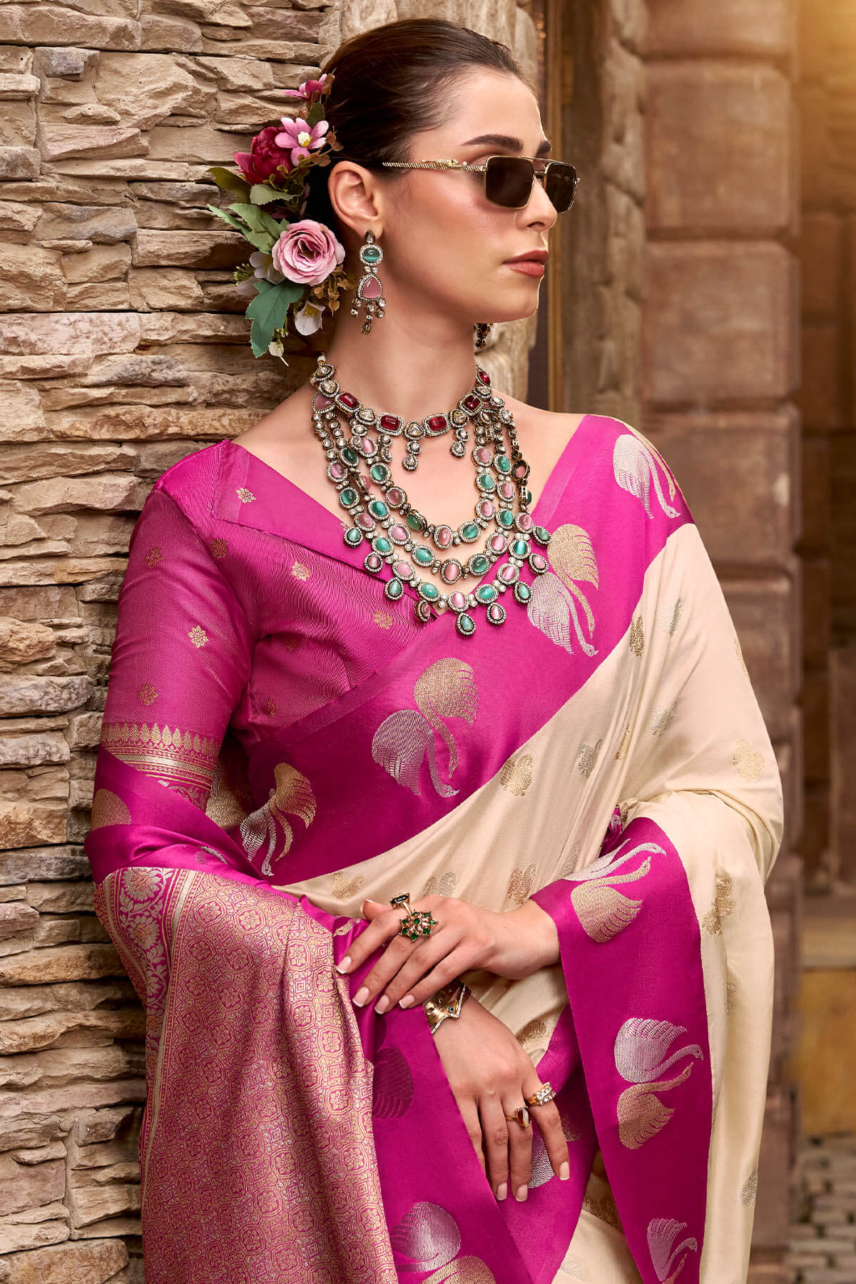 Profuse Beige Banarasi Satin Silk Saree With Admirable Blouse - Image 4