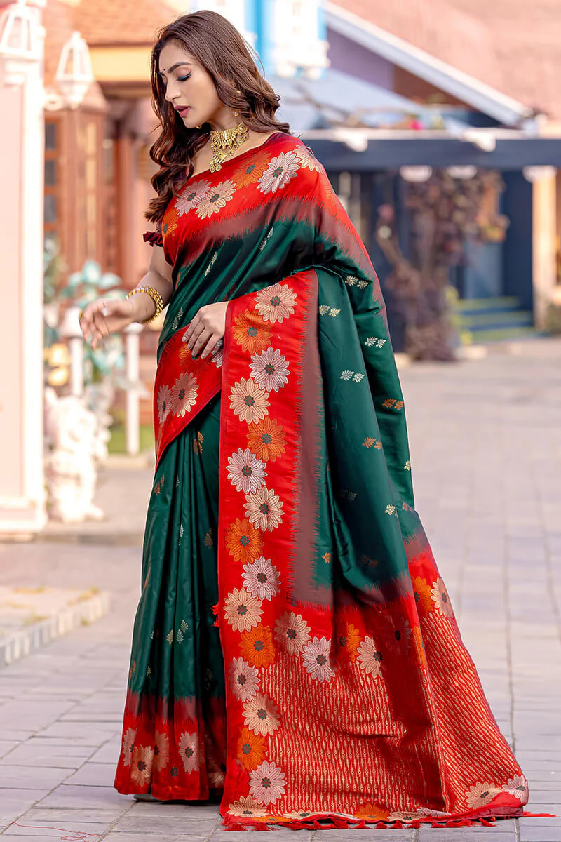 Profuse Dark Green Soft Banarasi Silk Saree With Elaborate Blouse Piece - Image 2