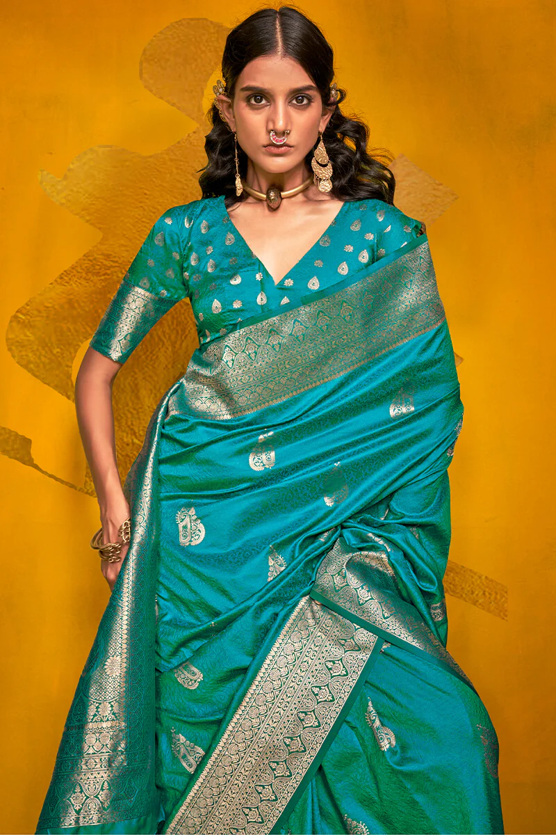 Profuse Rama Soft Banarasi Silk Saree With Charismatic Blouse Piece - Image 2