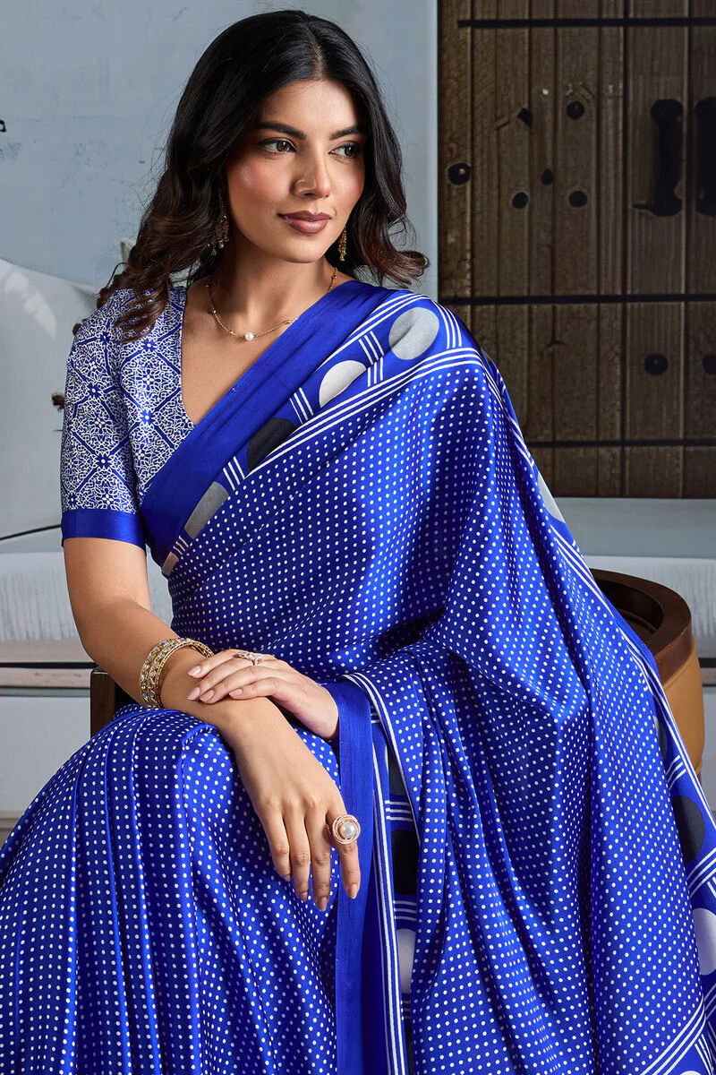 Profuse Royal Blue Ajrakh Printed Satin Silk Saree With Inimitable Blouse Piece - Image 2