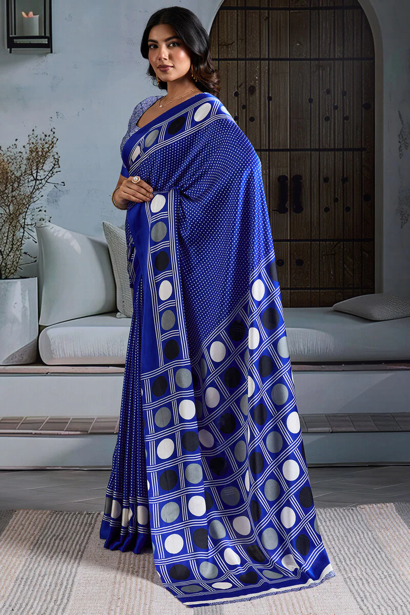 Profuse Royal Blue Ajrakh Printed Satin Silk Saree With Inimitable Blouse Piece - Image 3