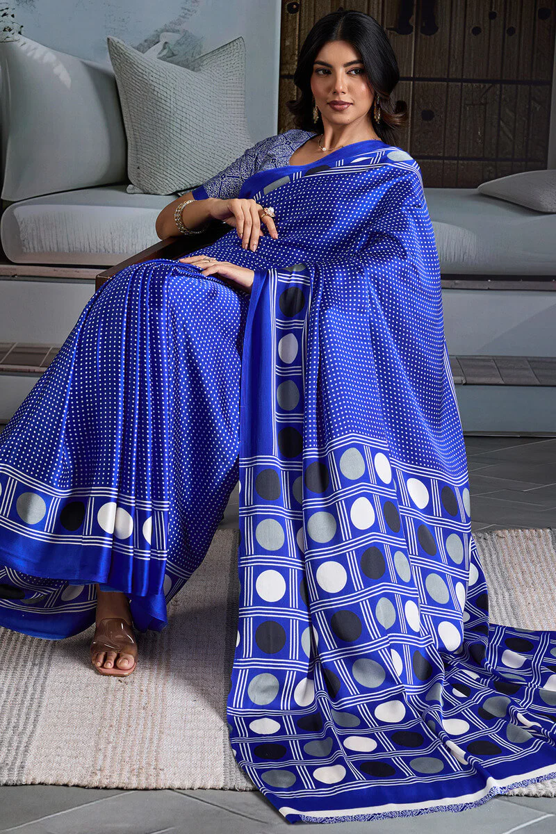 Profuse Royal Blue Ajrakh Printed Satin Silk Saree With Inimitable Blouse Piece - Image 5