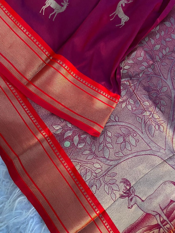 Profuse Wine Pure Zari Weaving Banarasi Silk Saree With Resonant Blouse Piece - Image 2
