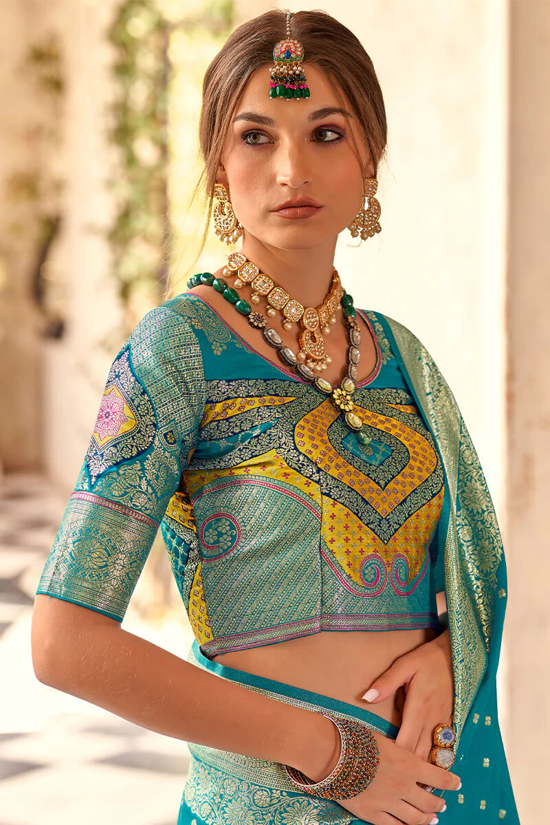 Prominent Firozi Soft Banarasi Silk Saree With Mesmeric Blouse Piece - Image 2