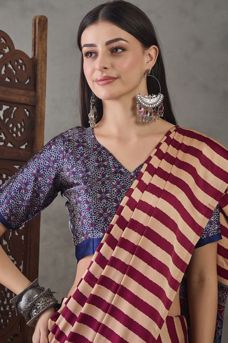 Prominent Maroon Ajrakh Printed Semi Modal Silk Saree With Engaging Blouse Piece - Image 2