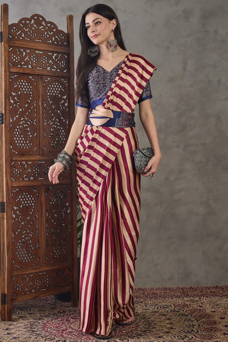 Prominent Maroon Ajrakh Printed Semi Modal Silk Saree With Engaging Blouse Piece - Image 5