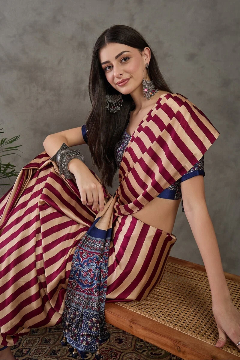 Prominent Maroon Ajrakh Printed Semi Modal Silk Saree With Engaging Blouse Piece - Image 6