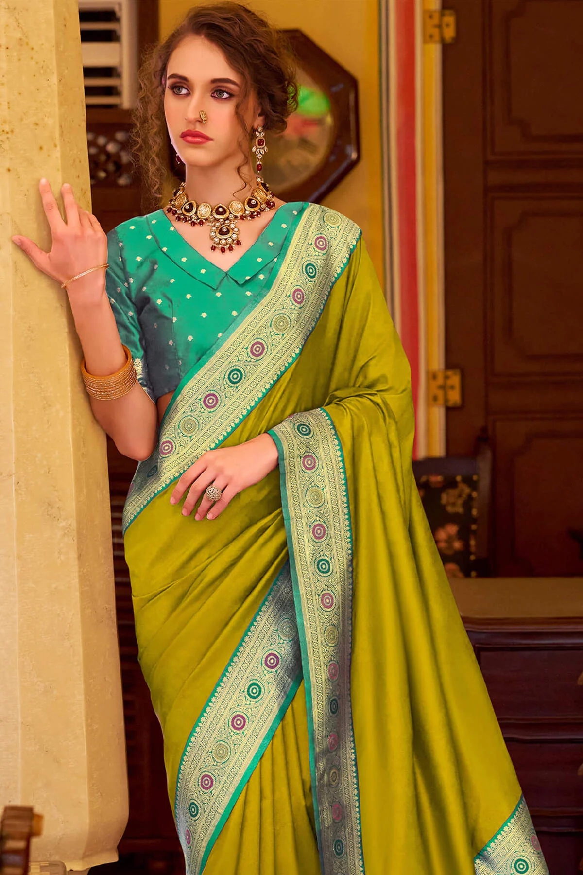 Prominent Mehndi Pure Zari Weaving Banarasi Silk Saree With Precious Blouse Piece - Image 2