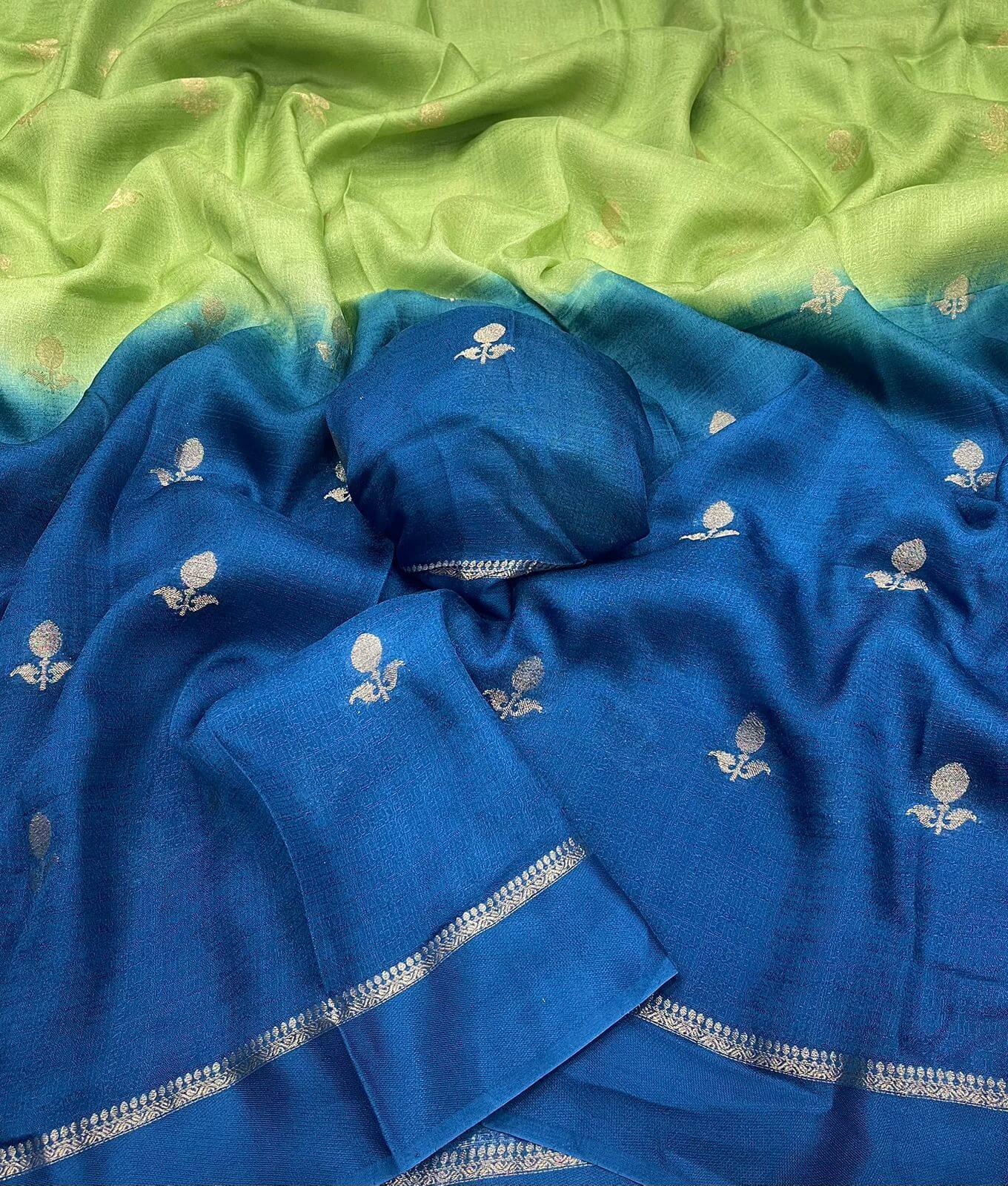 Prominent Pista and Blue Banarasi Khadi Silk Saree With Arresting Blouse Piece - Image 2