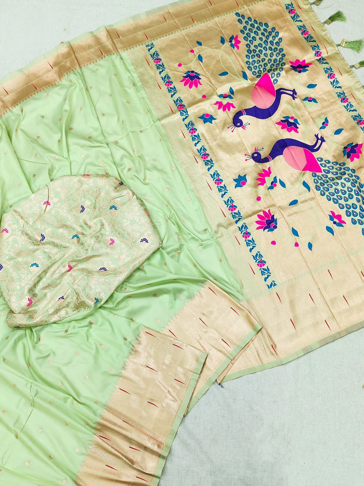 Prominent Pista Paithani Silk Saree With Radiant Blouse Piece - Image 2