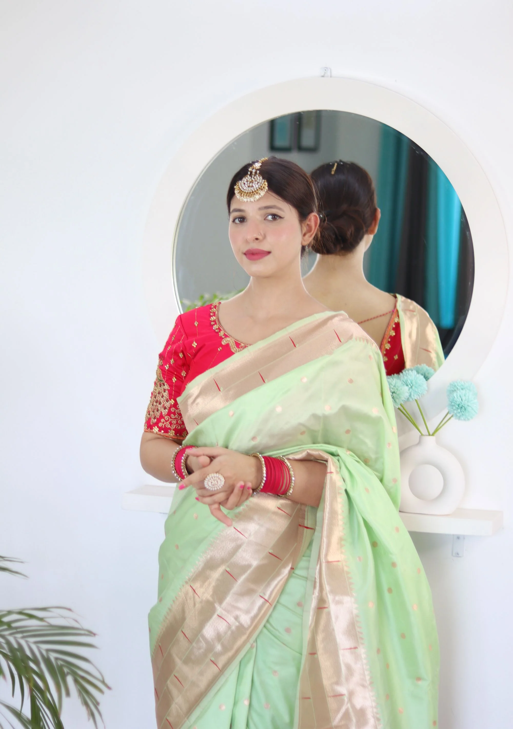 Prominent Pista Paithani Silk Saree With Radiant Blouse Piece - Image 3