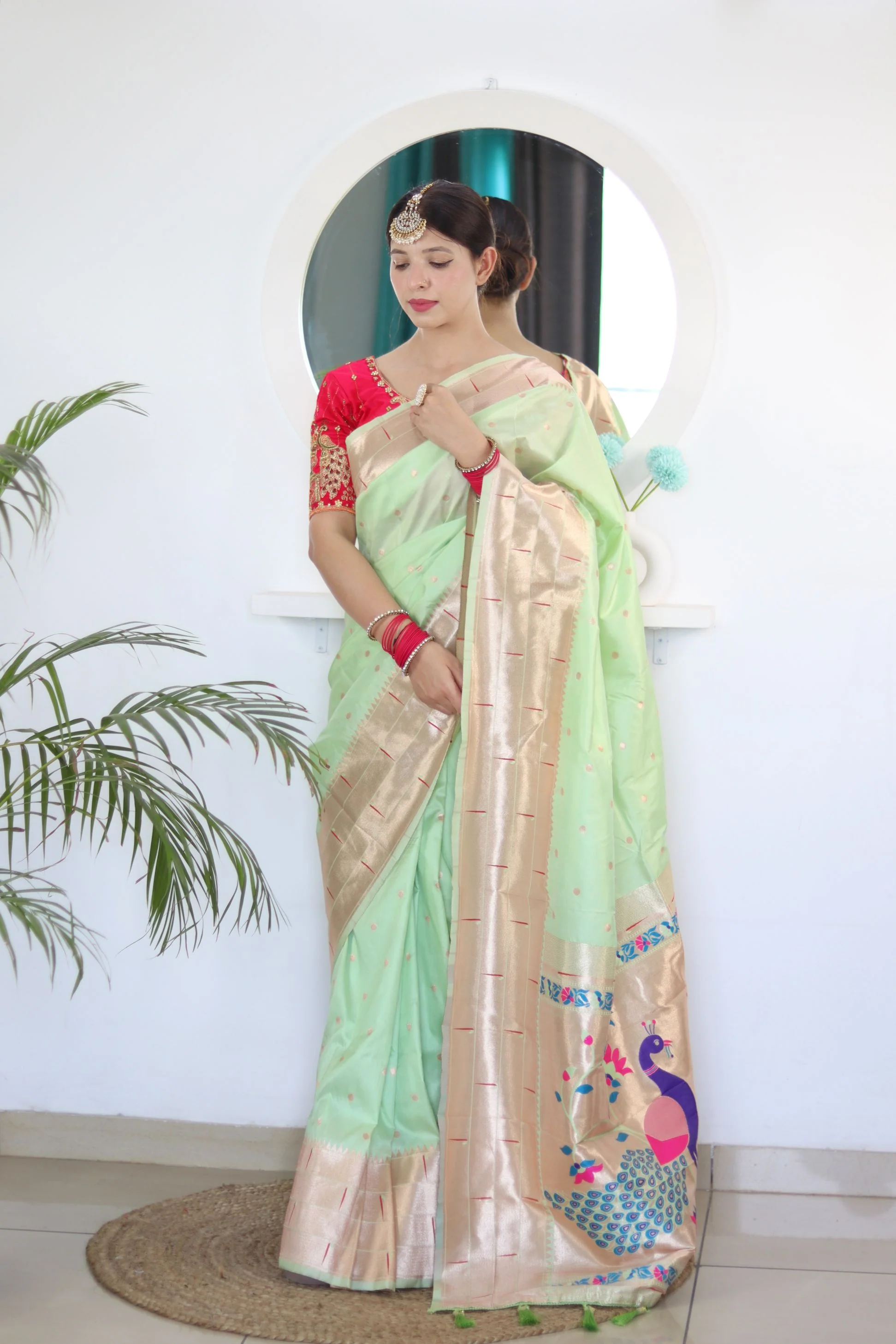 Prominent Pista Paithani Silk Saree With Radiant Blouse Piece - Image 4