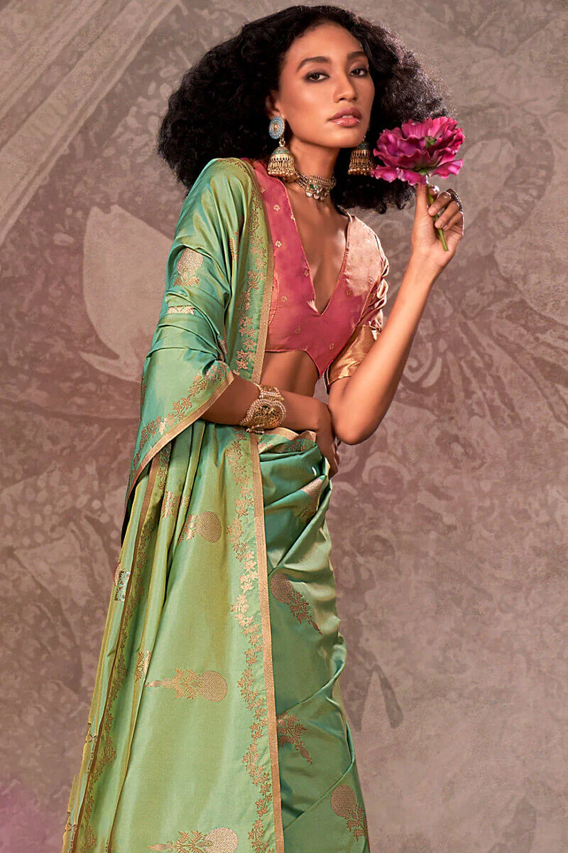 Prominent Pista Two Tone Soft Banarasi Silk Saree With Precious Blouse - Image 2