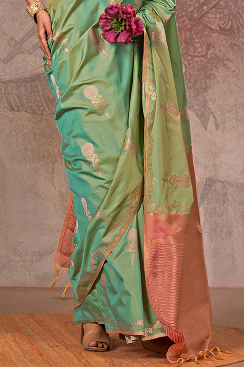 Prominent Pista Two Tone Soft Banarasi Silk Saree With Precious Blouse - Image 4