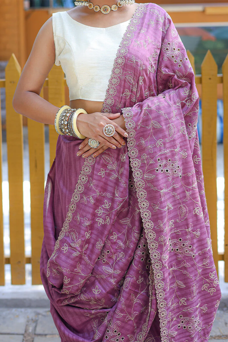 Prominent Purple Embroidery Work Soft Silk Saree With Glorious Blouse Piece - Image 4
