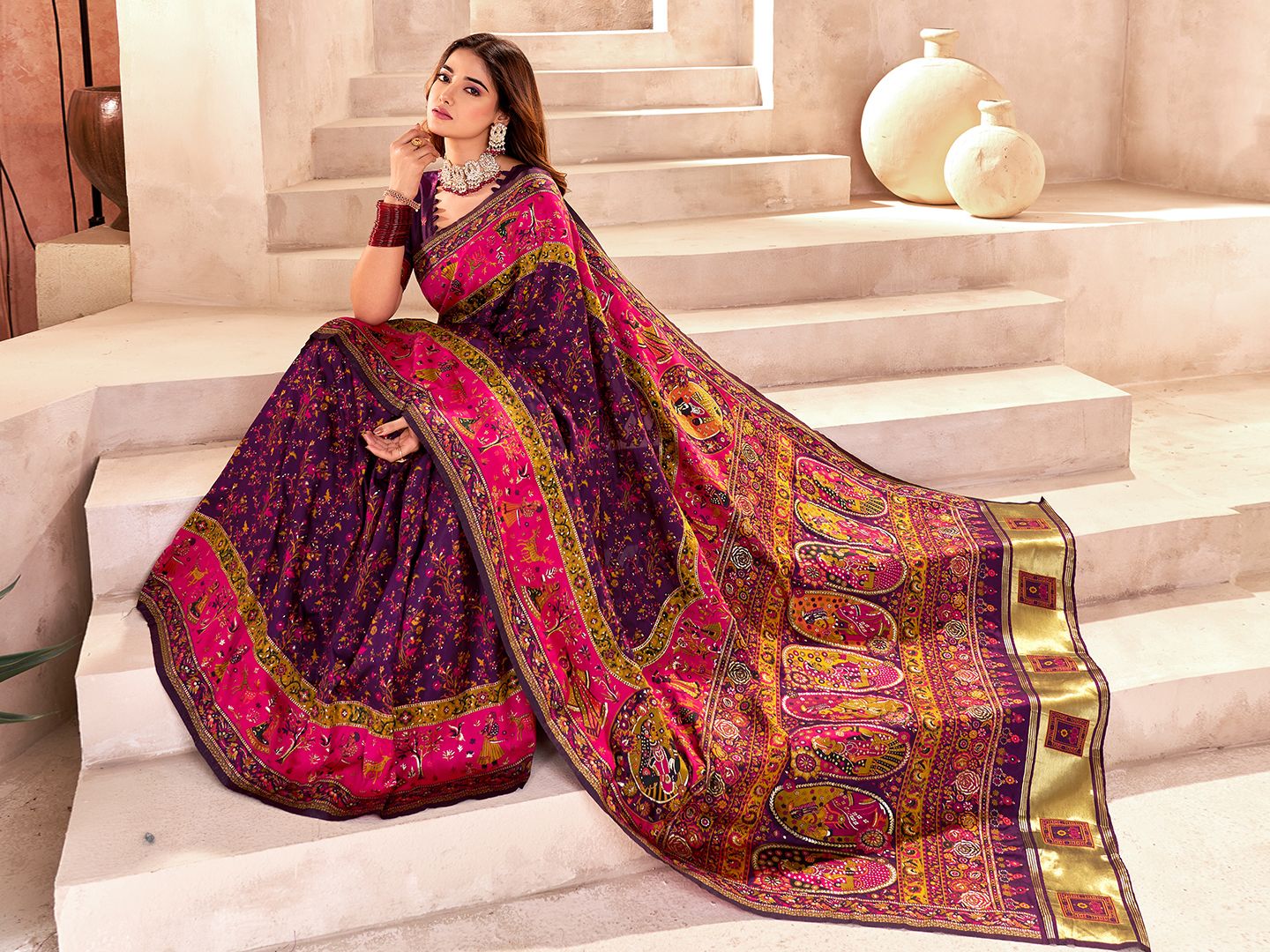 Prominent Purple Nylon Dola Pashmina Saree With Entrancing Blouse Piece - Image 5