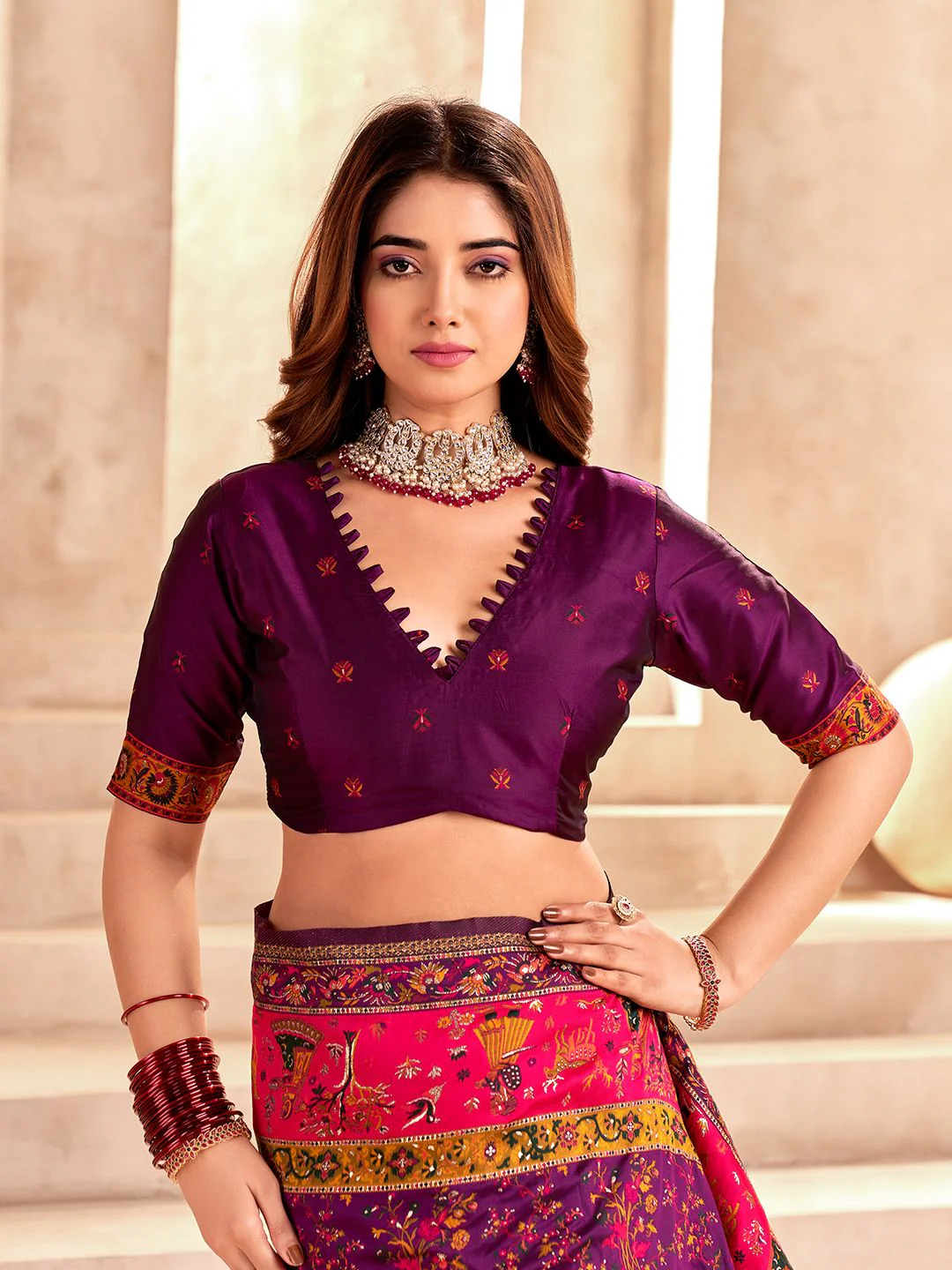 Prominent Purple Nylon Dola Pashmina Saree With Entrancing Blouse Piece - Image 8