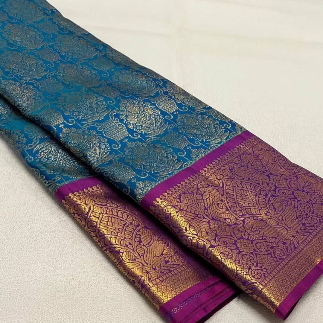 Prominent Rama Soft Banarasi Silk Saree With Excellent Blouse Piece - Image 2
