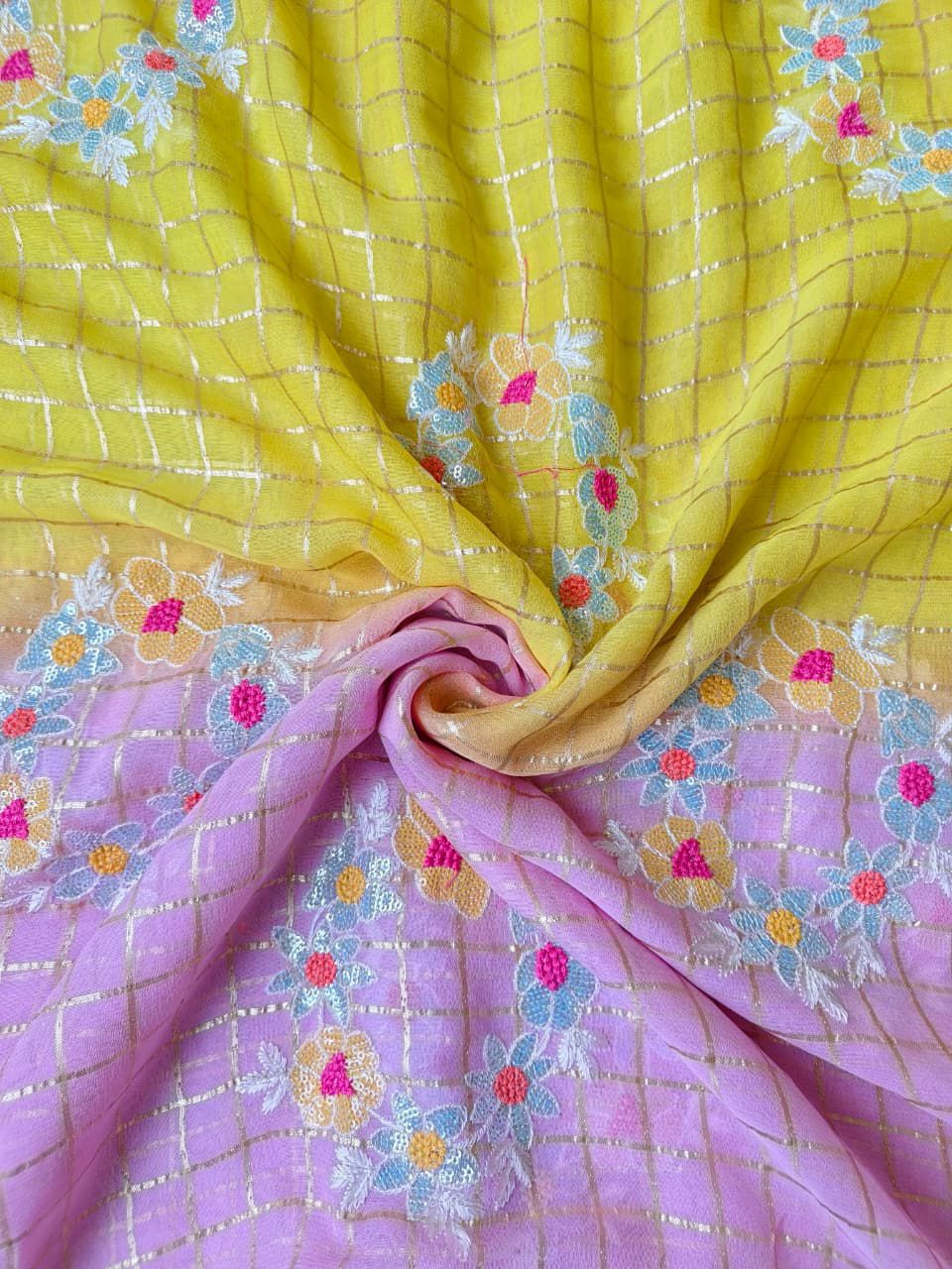 Prominent Yellow and Pink Embroidery Work Pure Georgette Saree With Palimpsest Blouse Piece - Image 3