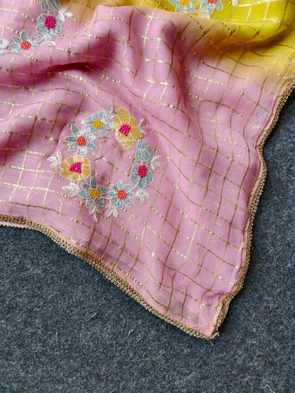 Prominent Yellow and Pink Embroidery Work Pure Georgette Saree With Palimpsest Blouse Piece - Image 4