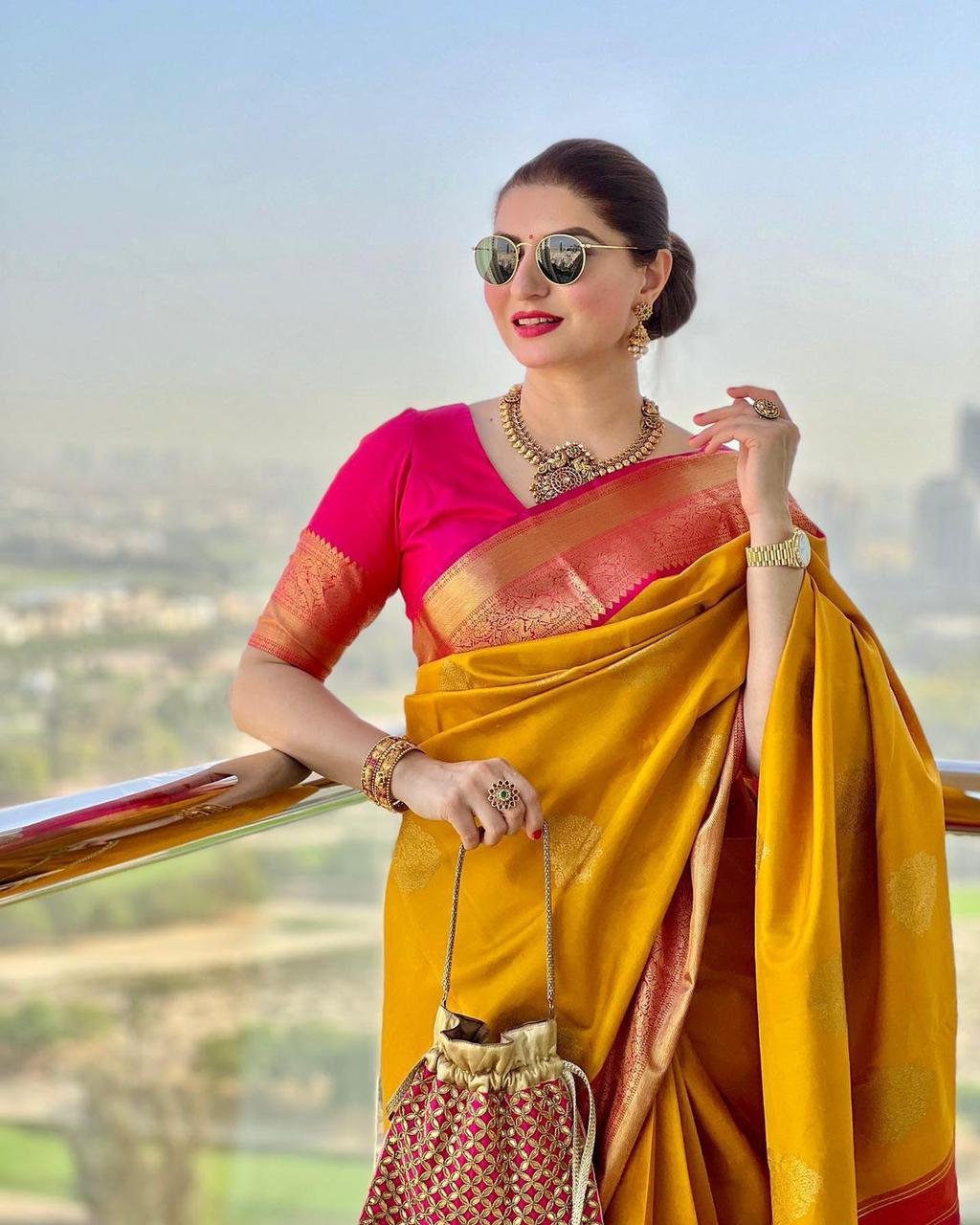 Prominent Yellow Soft Banarasi Silk Saree With Blissful Blouse Piece - Image 3