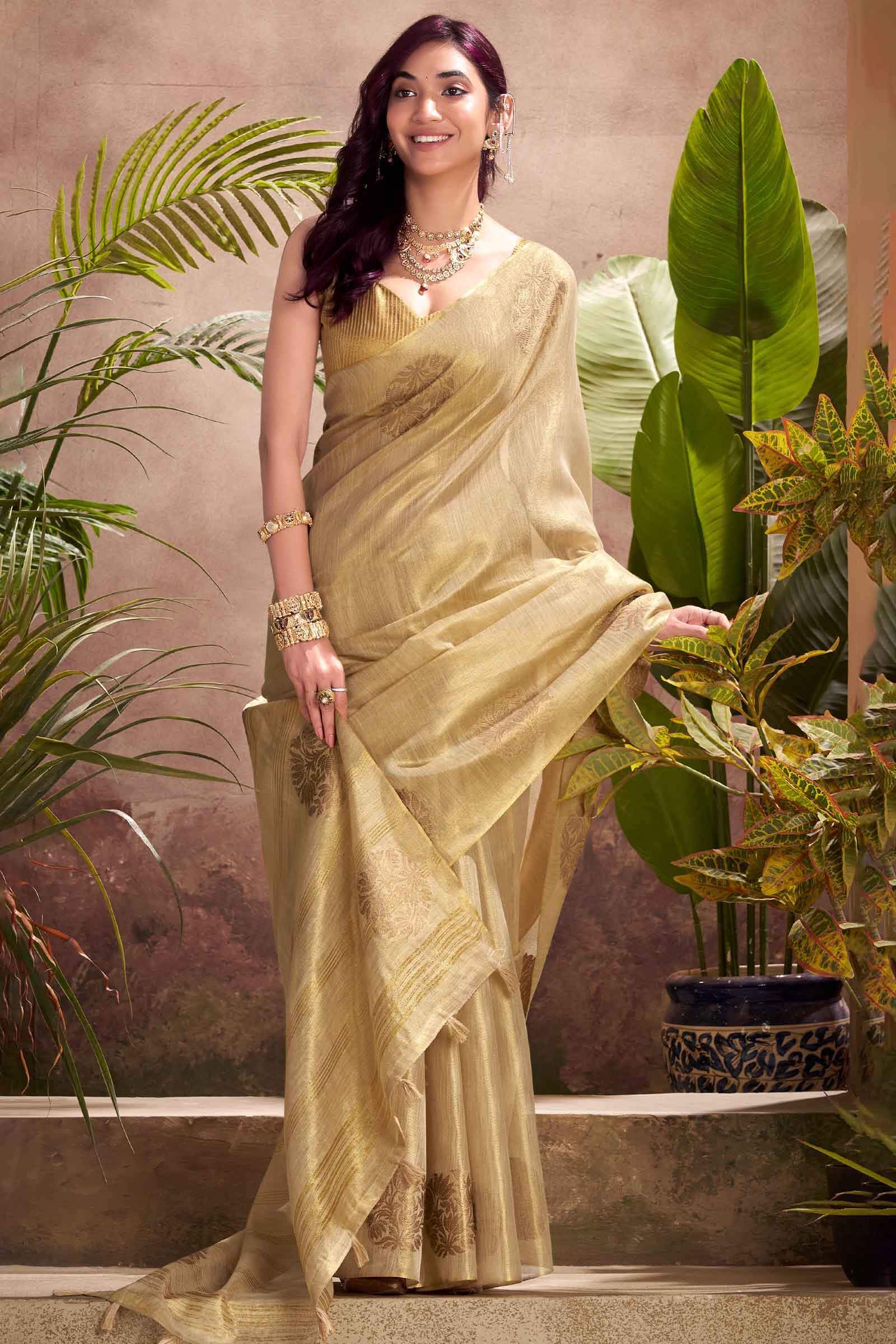Propinquity Beige Soft Banarasi Tissue Silk Saree With Enchanting Blouse Piece - Image 3