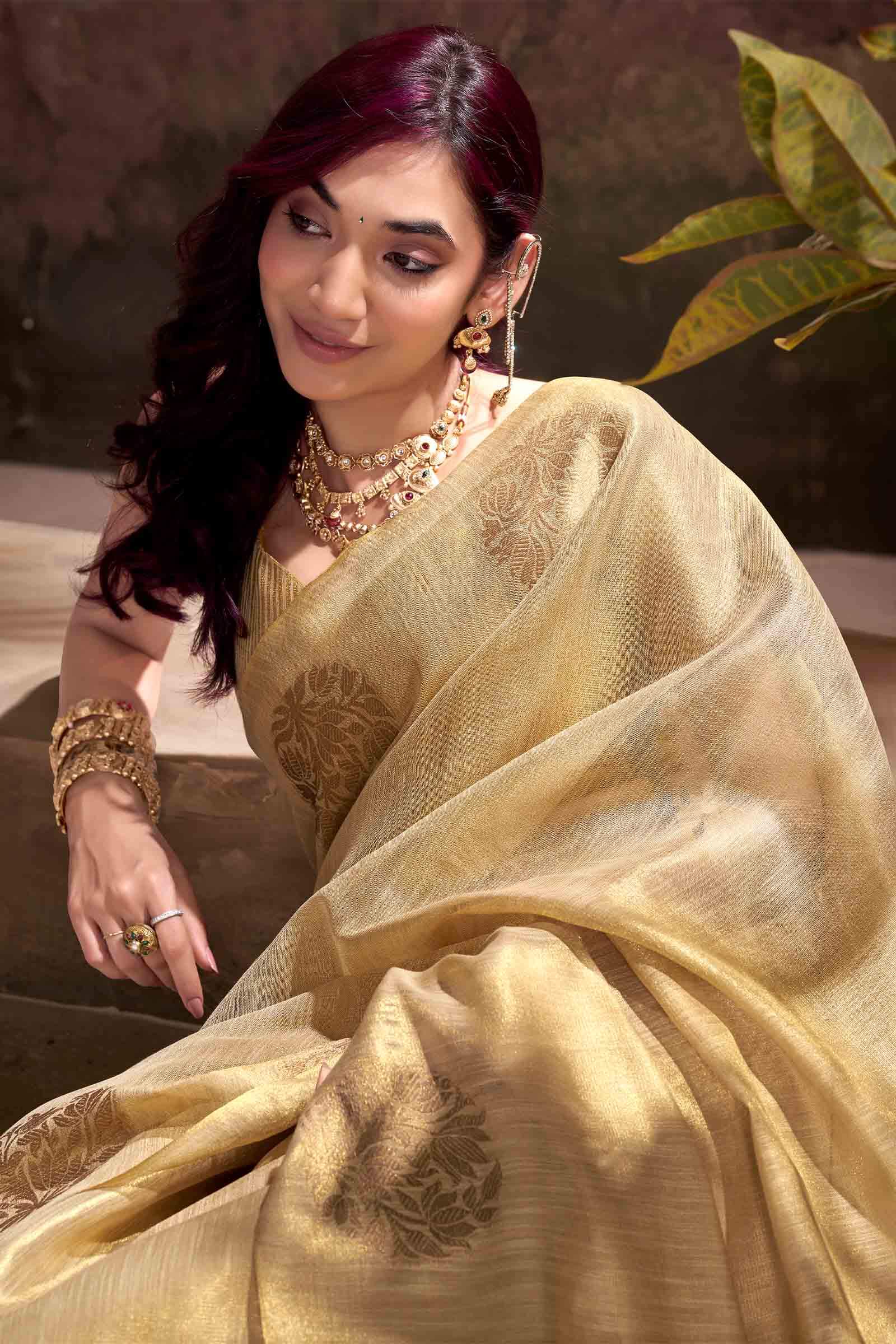 Propinquity Beige Soft Banarasi Tissue Silk Saree With Enchanting Blouse Piece - Image 4