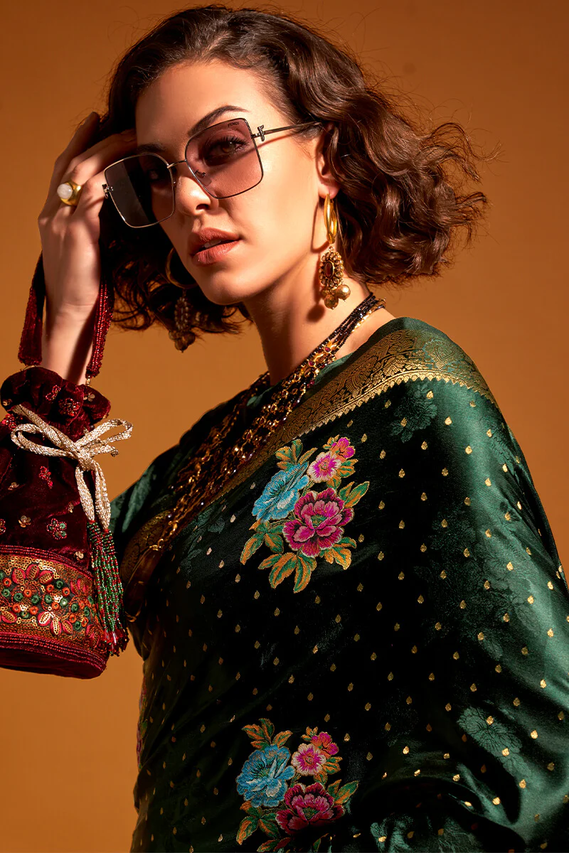 Propinquity Dark Green Banarasi Satin Silk Saree With Susurrous Blouse - Image 2
