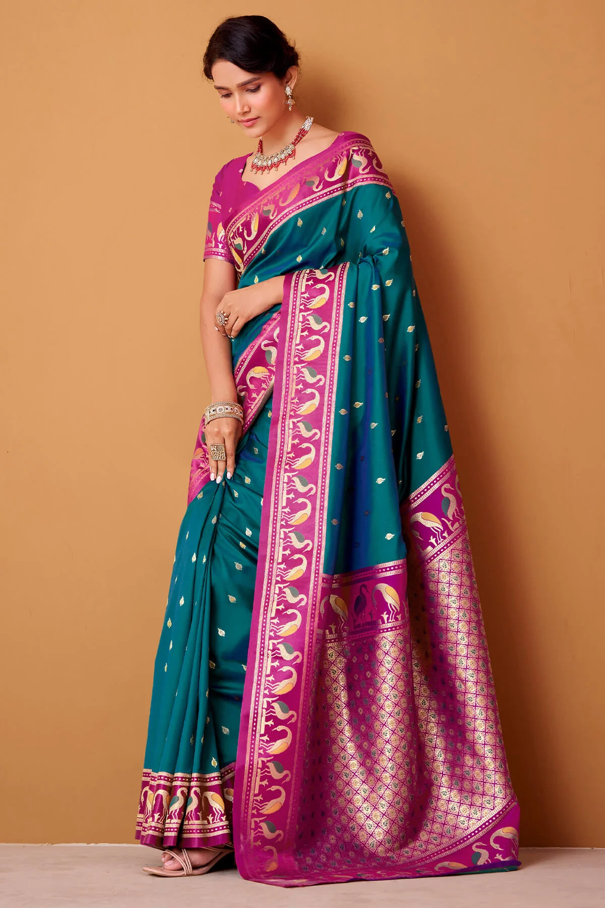Propinquity Rama Banarasi Satin Silk Saree With Eloquence Blouse - Image 3